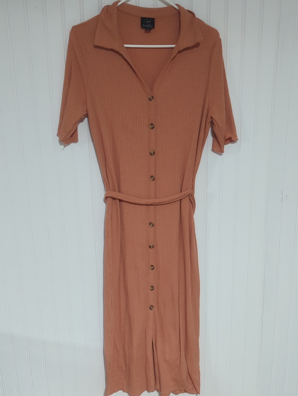 Collared Button-Front Midi Dress with Tie Belt in Terracotta